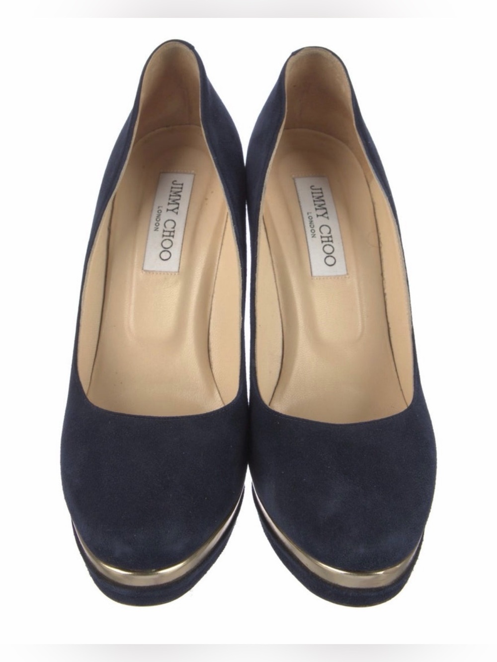 Jimmy Choo Navy Suede Platform Pump with Gold Trim - Picture 5 of 5